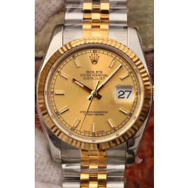 Rolex Datejust 36MM Cal.3135 Movement Swiss Replica Watch in 904L Steel Two Tone Casing Gold Dial