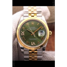 Rolex Datejust 36MM Cal.3135 Movement Swiss Replica Watch in 904L Steel Two Tone Casing Green Dial