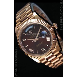 Rolex Day Date Japanese Replica Watch - Rose Gold Casing in Maroon Dial 40MM