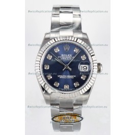 Rolex Super Clone Datejust ETA 2688 Movement 31MM Stainless Steel Blue Diamonds Dial Watch 