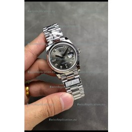 Rolex Day Date Super Clone Stainless Steel Grey Dial Diamonds Numerals Watch 36MM - 1:1 Mirror Quality
