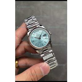 Rolex Day Date Super Clone Stainless Steel Ice Blue Dial Crystal Numerals Watch 36MM - 1:1 Mirror Quality