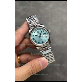 Rolex Day Date Super Clone Stainless Steel Ice Blue Dial Roman Numerals Watch 36MM - 1:1 Mirror Quality