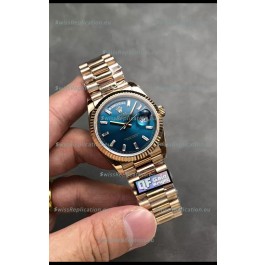 Rolex Day Date Super Clone Rose Gold Blue Dial Crystal Numerals Watch 36MM - 1:1 Mirror Quality