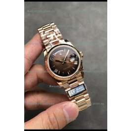 Rolex Day Date Super Clone Rose Gold Brown Dial Roman Numerals Watch 36MM - 1:1 Mirror Quality