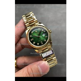 Rolex Day Date Super Clone Yellow Gold Green Dial Diamonds Numerals Watch 36MM - 1:1 Mirror Quality