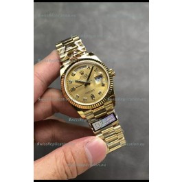 Rolex Day Date Super Clone Yellow Gold Casing and Dial Diamonds Numerals Watch 36MM - 1:1 Mirror Quality
