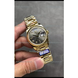 Rolex Day Date Super Clone Yellow Gold Grey Dial Diamonds Numerals Watch 36MM - 1:1 Mirror Quality