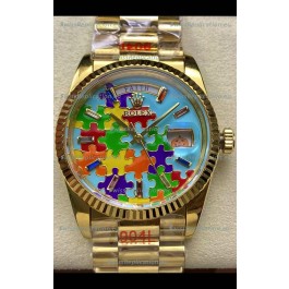 Rolex Day Date Emoji Jig-Saw Puzzle Yellow Gold Casing Swiss Replica Watch 