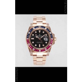Rolex GMT Masters II Diamonds Swiss watch with Rose Gold 904L Case - 1:1 Mirror Quality 