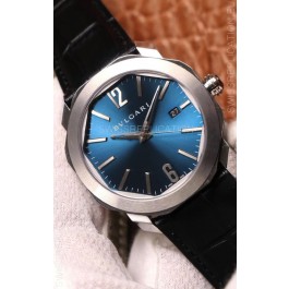 Bvlgari Octo Roma Edition 1:1 Mirror Replica in 904L Steel Casing - Steel Blue Dial Leather Strap