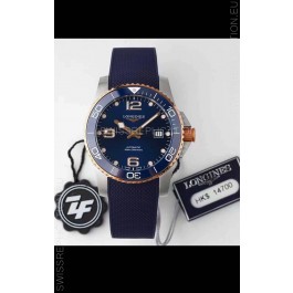 Longines HydroConquest 1:1 Swiss Replica Watch in Blue Dial Rubber Strap Rose Gold Bezel