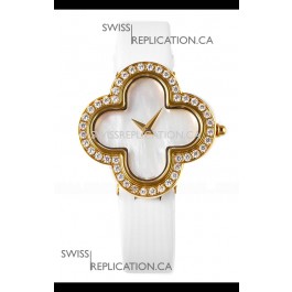 Van Cleef & Arpels Alhambra Yellow Gold Diamonds Bezel Pearl Dial Watch 