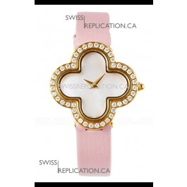 Van Cleef & Arpels Alhambra Yellow Gold Diamonds Bezel Pink Strap Watch 