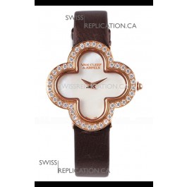 Van Cleef & Arpels Alhambra Rose Gold Diamonds Bezel Black Strap Watch 