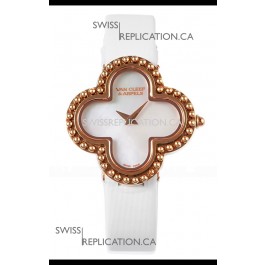 Van Cleef & Arpels Alhambra Rose Gold White Strap Watch 