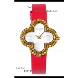 Van Cleef & Arpels Alhambra Yellow Gold Red Strap Watch 