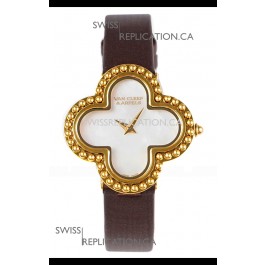 Van Cleef & Arpels Alhambra Yellow Gold Brown Strap Watch 