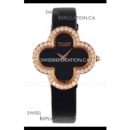 Van Cleef & Arpels Alhambra Rose Gold Diamonds Bezel Black Strap Watch 
