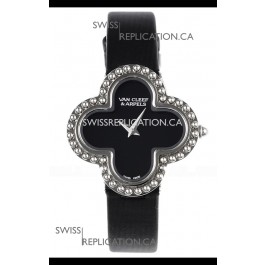 Van Cleef & Arpels Alhambra Stainless Steel Black Strap Watch 