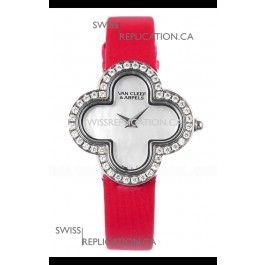 Van Cleef & Arpels Alhambra Stainless Steel Diamonds Bezel Red Strap Watch 