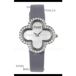 Van Cleef & Arpels Alhambra Stainless Steel Diamonds Bezel Grey Strap Watch 