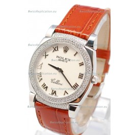 Rolex Cellini Cestello Ladies Swiss Watch Roman White Face Diamonds Bezel and Lugs