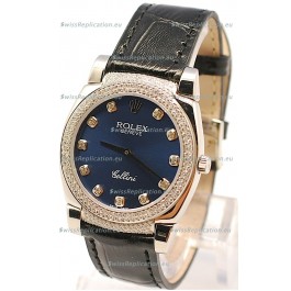 Rolex Cellini Cestello Ladies Swiss Watch in Dark Blue Face Diamonds Bezel and Lugs