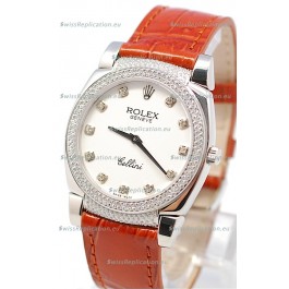 Rolex Cellini Cestello Ladies Swiss Watch White Face Diamonds Hour, Bezel and Lugs
