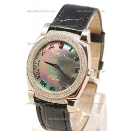 Rolex Cellini Cestello Ladies Swiss Watch in Black Pearl Face Diamonds Bezel and Lugs