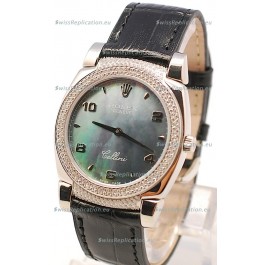 Rolex Cellini Cestello Ladies Swiss Watch in Black Pearl Face Diamonds Bezel and Lugs
