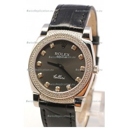Rolex Cellini Cestello Ladies Swiss Watch in Matte Black Face and Diamond Bezel