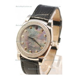 Rolex Cellini Cestello Ladies Swiss Watch in Black Pearl Face Diamonds Markers