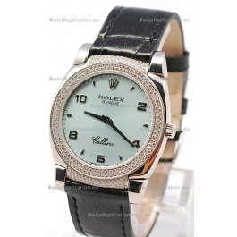 Rolex Cellini Cestello Ladies Swiss Watch in Blue Face Black Leather Strap Diamonds Bezel 