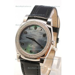 Rolex Cellini Cestello Ladies Swiss Watch in Black Pearl Face Diamonds Bezel 