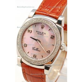Rolex Cellini Cestello Ladies Swiss Watch in Pink Pearl Face Diamonds Bezel