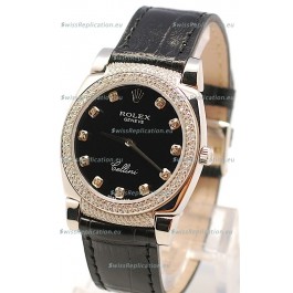 Rolex Cellini Cestello Ladies Swiss Watch in Matte Black Face Diamond Markers