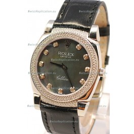 Rolex Cellini Cestello Ladies Swiss Watch in Black Pearl Face Diamonds Markers