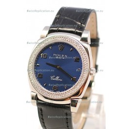 Rolex Cellini Cestello Ladies Swiss Watch in Dark Blue Face Diamonds Bezel 