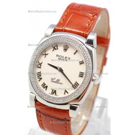 Rolex Cellini Cestello Ladies Swiss Watch White Roman Face Diamonds Bezel