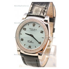 Rolex Cellini Cestello Ladies Swiss Watch in Blue Face Black Leather Strap Diamonds Bezel 