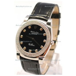 Rolex Cellini Cestello Ladies Swiss Watch in Black Face and Diamond Markers