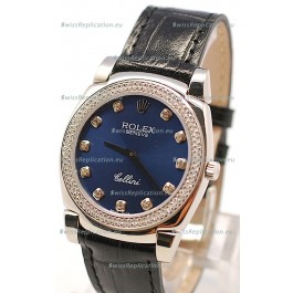Rolex Cellini Cestello Ladies Swiss Watch in Dark Blue Face and Diamond Bezel