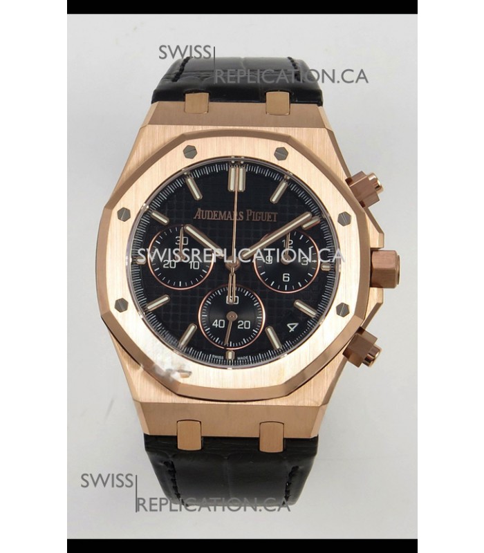 Royal Oak Chrono 26240 Rose Gold Black Dial Leather Strap Super Clone Watch 