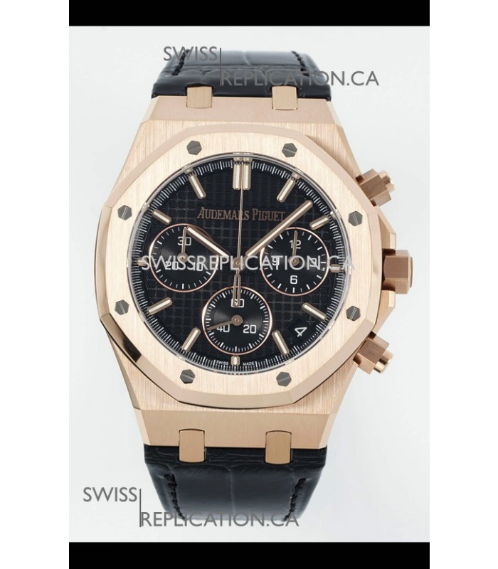 Royal Oak Chrono 26240 Rose Gold Black Dial Leather Strap Super Clone Watch 