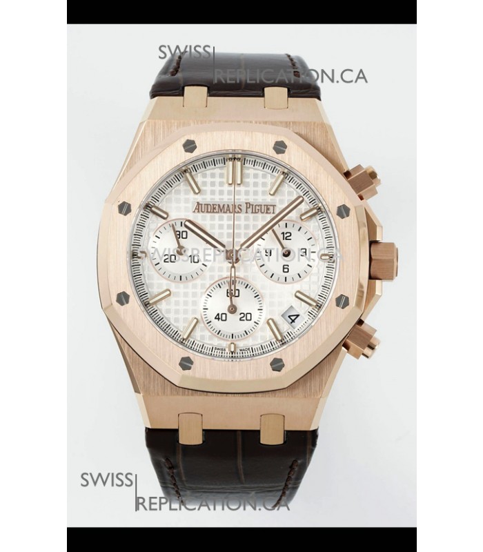 Royal Oak Chrono 26240 Rose Gold White Dial Leather Strap Super Clone Watch 