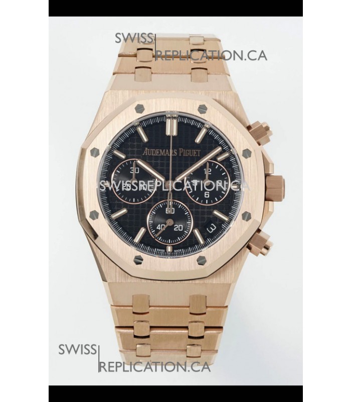 Royal Oak Chrono 26240 Rose Gold Strap in Black Dial Super Clone Watch 