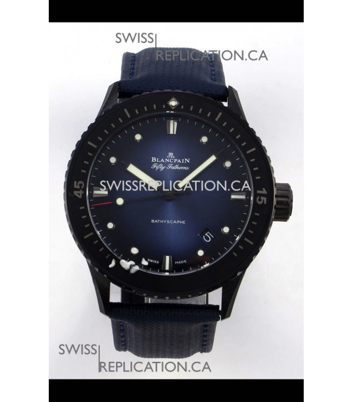 Blancpain Fifty Fathoms Ceramic Case Leather Strap Blue Dial Super Clone Watch 