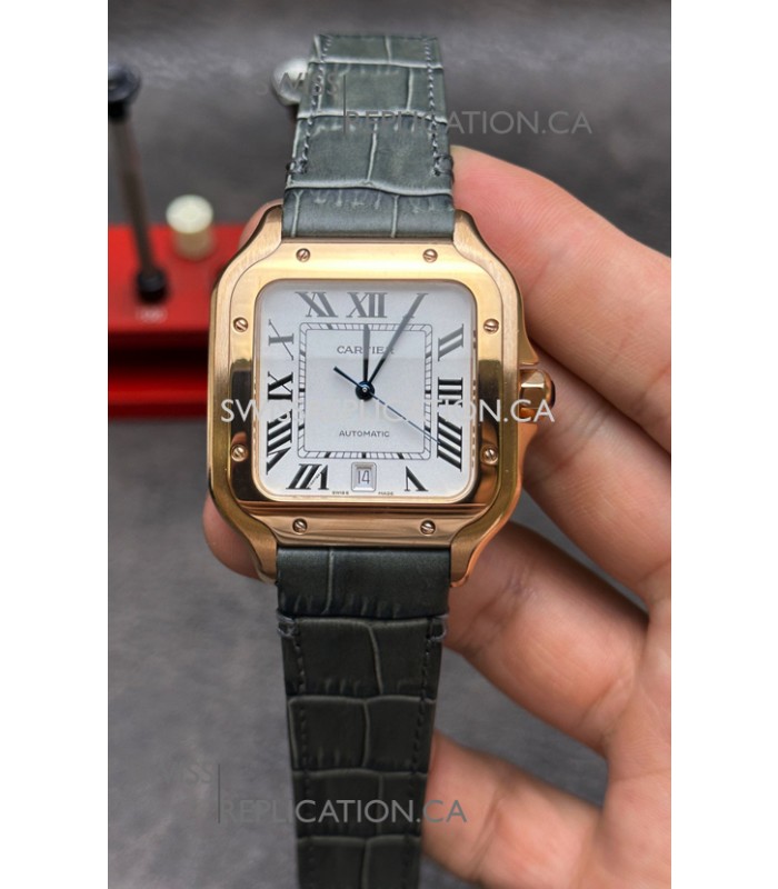 Cartier Santos De Cartier Rose Gold Grey Leather Strap Super Clone Watch 