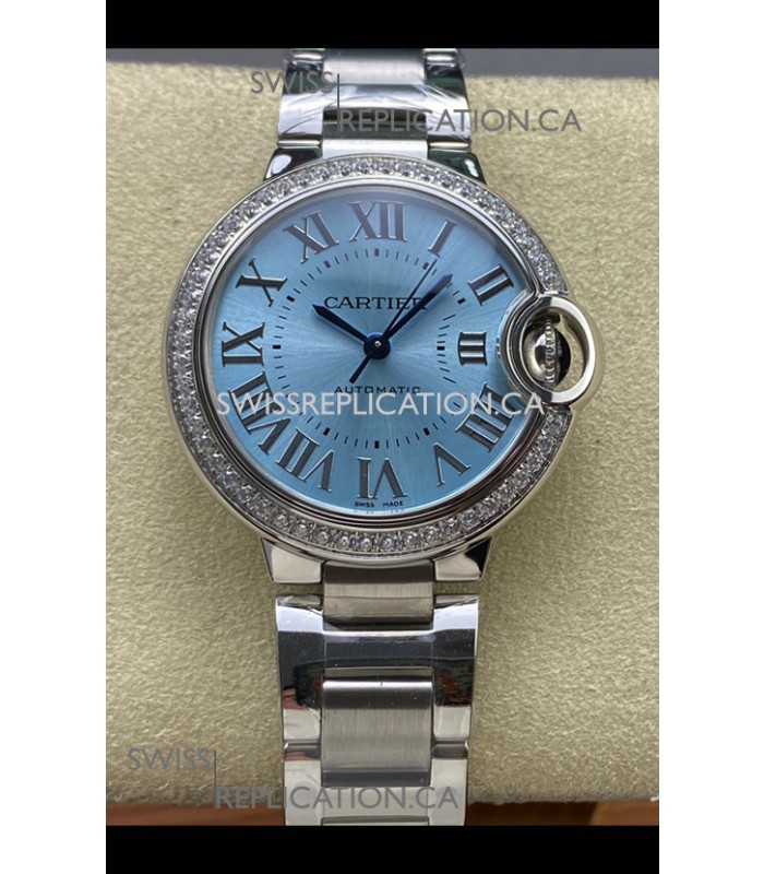 Ballon De Cartier Automatic Ice Blue Diamonds 36MM Dial Super Clone Watch 